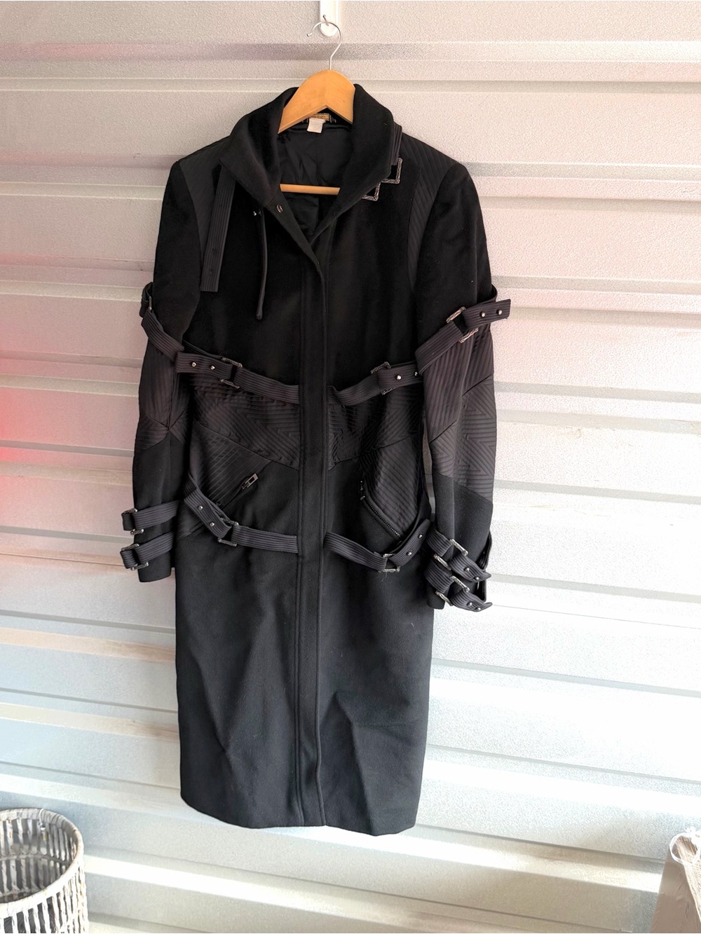 versace gothic coat with buckles and leather panels